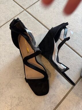 Fashion Nova Black Suede Clear-Trim Wedge Sandals